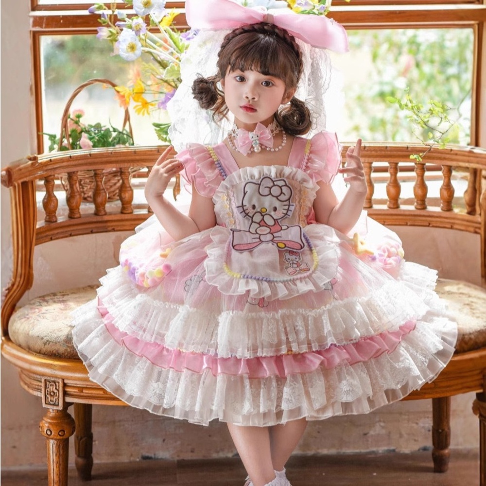New Hello Kitty Pink and White Ruffled Babydoll Dress with big bows no necklace